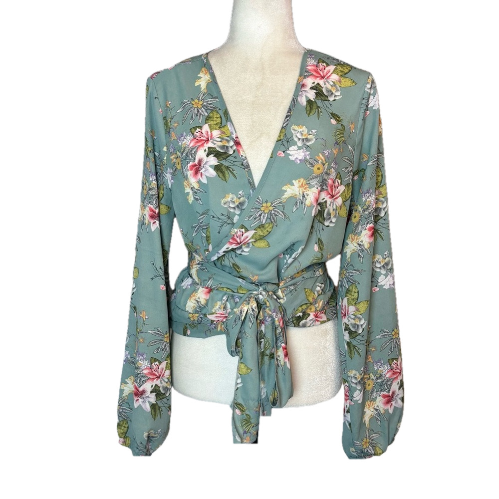 Fashion Nova green floral wrap blouse